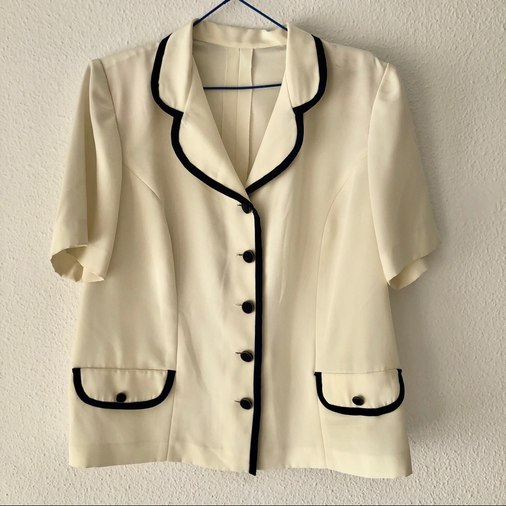 Vintage Blouse Collar Buttons Pockets Short Sleeve